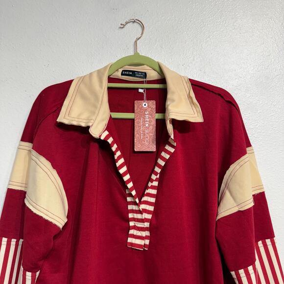 Shein Red Colorblock Collar V-Neck Oversized Pullover Sz S NWT - Picture 3 of 12